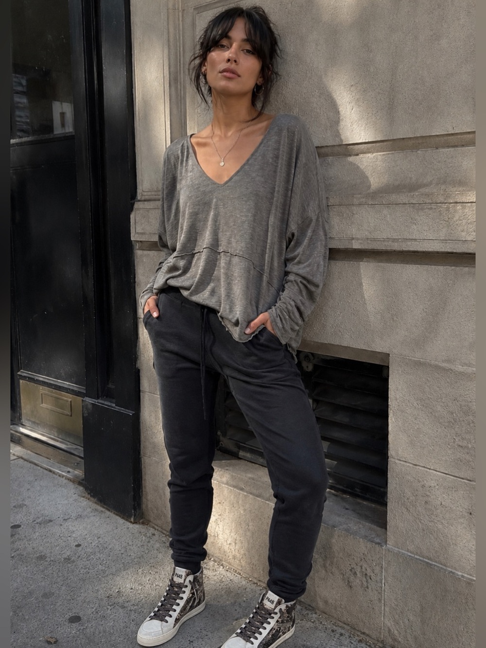 Michael Stars Heather Gray Relaxed Raw Edge V-Neck Tee OS